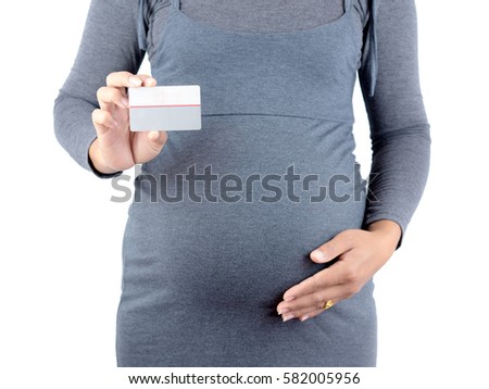 Pregnant Woman show the Credit Cards. isolated on white background. Financial concept.