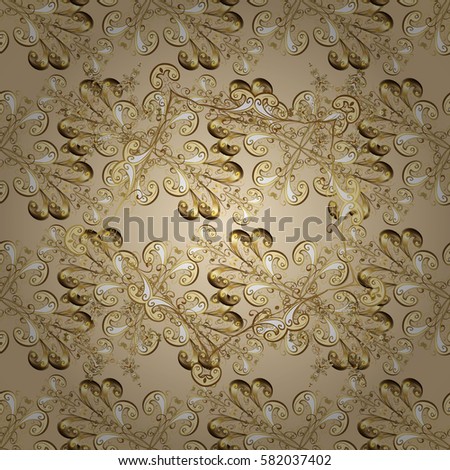 Flat hand drawn vintage collection. Golden pattern on neutral background with golden elements. Golden seamless pattern. Backdrop, fabric, gold wallpaper.