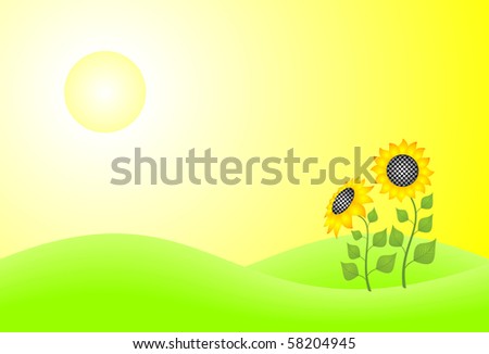 Two sunflowers on the green lawn. The vector version - in a portfolio