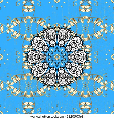 Vector pattern on blue background with golden elements. Damask pattern for design.