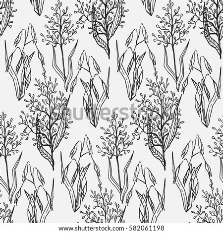 Vector seamless pattern with hand drawn cereal crops sketches. 
Vintage background with industrial plants illustration. 
Farm fresh and locally grown organic products illustration.
