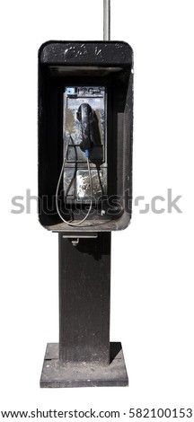 Old payphone booth. Isolated. Vertical. Royalty-Free Stock Photo #582100153