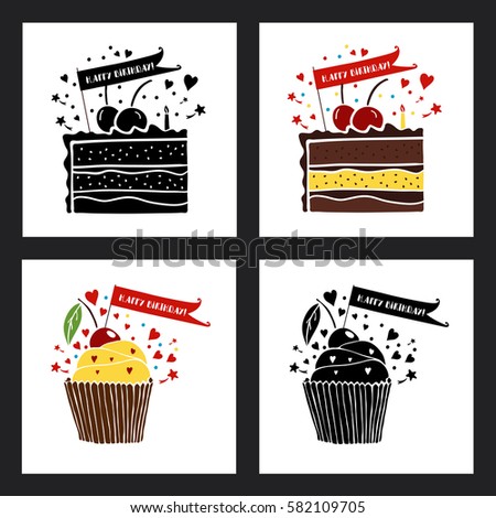 Happy birthday greeting cards set. Vector illustrations with cupcake and cake. Greeting card template.