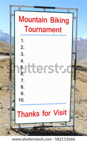 Mountain Bikers Tournament. Blank Rules and regulations on long billboard.