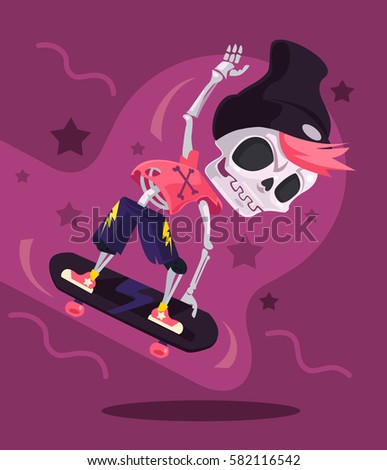 Skater skeleton character riding skateboard. Vector flat cartoon illustration