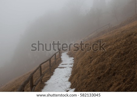 Mountain trail with snow and drought grass on the sides shrouded in mist
