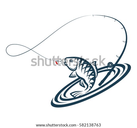 Fish and fishing rod jumping silhouette