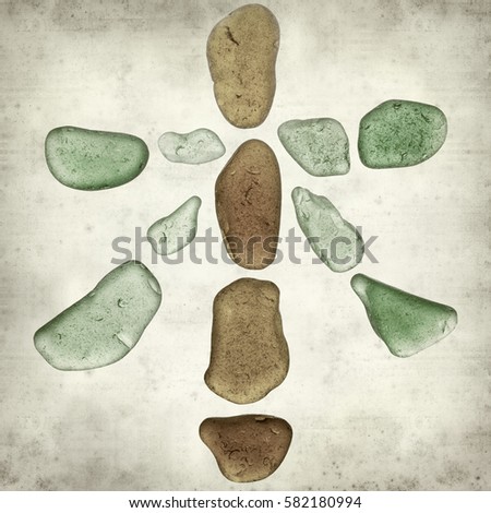 textured old paper background with chinese characters made of seaglass, mu, tree symbol