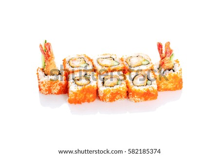 Roll, shrimp tempura, spicy sauce, cucumber on a white background