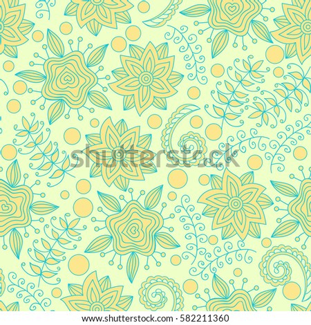 Floral seamless pattern hand drawn abstract floral elements, vector. Elements are hidden under mask, not cut off. Contour is smooth. Swatch is in the panel. Perfect for wallpaper, textile print