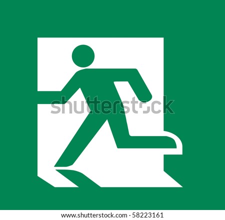 Symbol of Fire Emergency Exit Sign isolated on Green Head Left