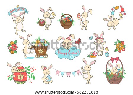 Set of cute Easter bunnies with eggs isolated on white background. Design elements for Easter card, invitation, flyer or banner. Bunny, rabbit icon. Vector illustration.