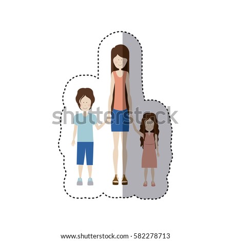 sticker color silhouette with kids and mom with skirt and shirt vector illustration