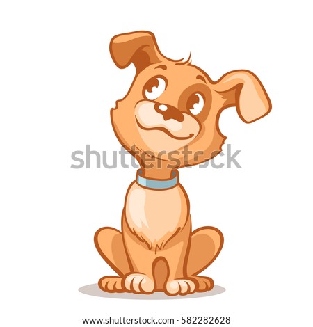 Happy cartoon puppy sitting, Portrait of cute  little dog wearing collar. Dog friend. Vector illustration. Isolated on white background.