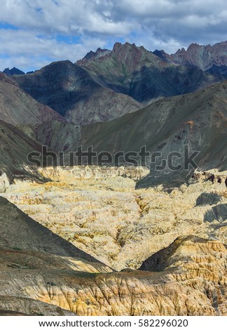 Yellow geological formations near Lamayuru is also called the Yuru Gompa (monastery) - Tibet, Kargil District, Leh district, Western Ladakh, Himalayas, Jammu and Kashmir, Northern India  