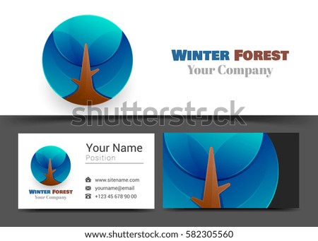 Winter Blue Forest Corporate Logo and Business Card Sign Template. Creative Design with Colorful Logotype Visual Identity Composition Made of Multicolored Element. Vector Illustration.