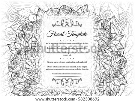 Vector Monochrome Floral Template with Place for Text. Abstract Flowers with Hand Drawn Ornament. Layout for Greeting Card, Cover Page etc. Clipping Mask Used for Editability