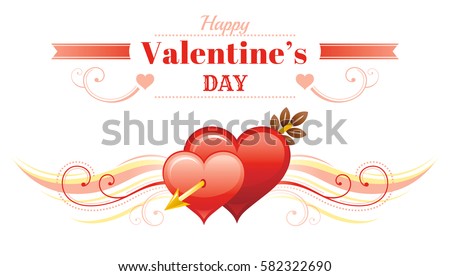 Happy Valentines day border, red cupid arrow heart. Romance, love text lettering, isolated frame white background. Cute romantic Valentine banner vector illustration. Flat elegant sign design