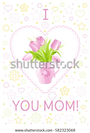 I love mom greeting card. Mothers day poster design. Fresh spring tulip flowers bouquet. Heart cute cartoon abstract banner flyer. Polka dots pattern. Isolated white background vector illustration.
