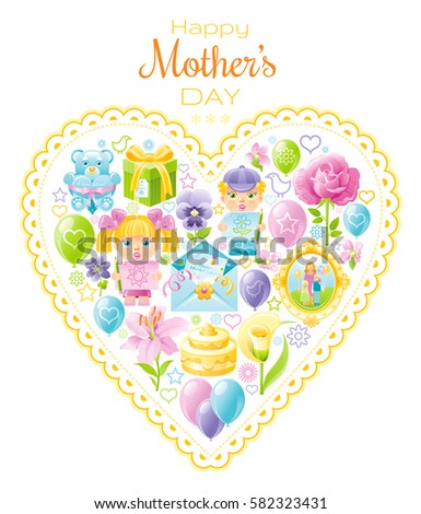 I love mom greeting card. Mothers day poster design. Heart cute cartoon icon set, abstract banner flyer. Rose flower, lily, baby boy, girl, gift box, isolated white background vector illustration.
