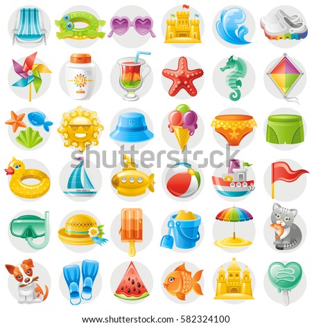 Sea travel icon set, child vacation summer holidays beach icons, isolated white background. Bikini swimsuit, sunglasses, sun, diving flippers, sand castle baby toy, ball, ice cream,vector illustration