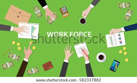 work force concept discussion in a meeting illustration with paperworks, money, coins and folder document on top of table