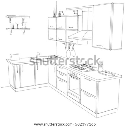 Sketch of modern corner kitchen. 3d illustration. Black lines on white background.