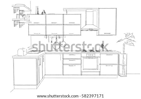 Contemporary corner kitchen sketchy 3d illustration. Black lines on white background.
