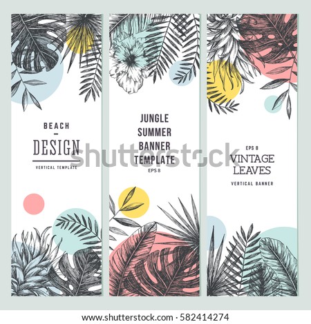 Tropical palm leaves. Vertical banner set. Vector illustration Royalty-Free Stock Photo #582414274