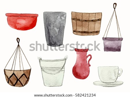 Collection set of watercolor plant pot and cup , isolated on white