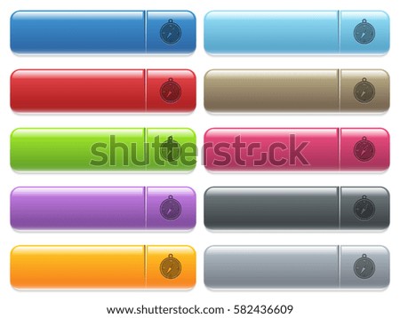 Compass engraved style icons on long, rectangular, glossy color menu buttons. Available copyspaces for menu captions.