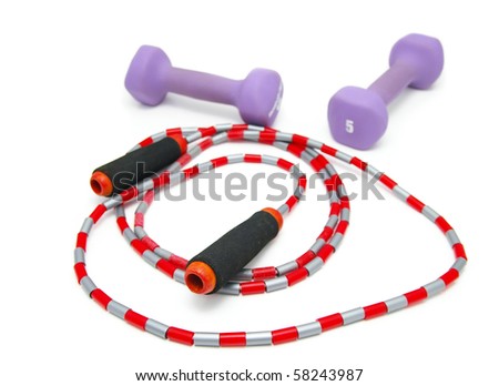 sport jumprope and weights isolated on white Royalty-Free Stock Photo #58243987