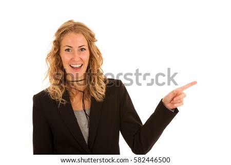 Young business woman pointing hands to copy space as ad advertisement for product