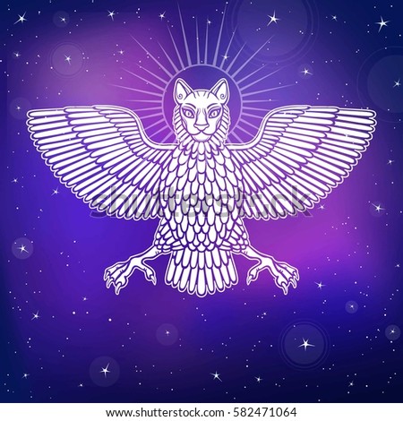 The mythical animal, Anzud with a body of a bird and the head of a lion. Character of Sumerian mythology.  Background - the night star sky. Vector illustration.