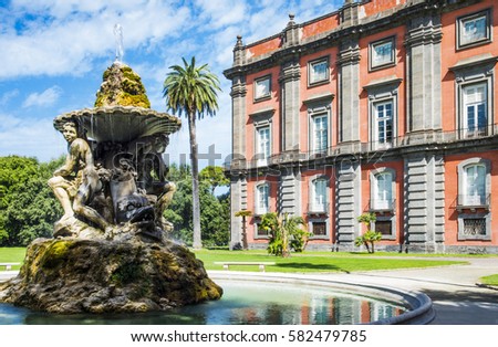 Italy, Naples, the Capodimonte royal palace seen from the park with the fountain Royalty-Free Stock Photo #582479785
