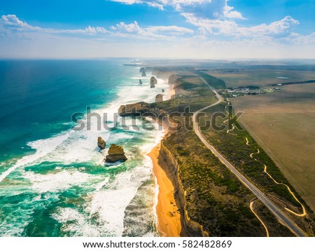 Amazing Nature of Twelve Apostles by the Great Ocean Road in Australia. Royalty-Free Stock Photo #582482869