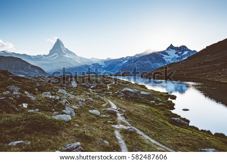 Scenic surroundings with famous peak Matterhorn in alpine valley. Popular tourist attraction. Dramatic and picturesque scene. Location place Swiss alps, Stellisee, Valais region, Europe. Beauty world