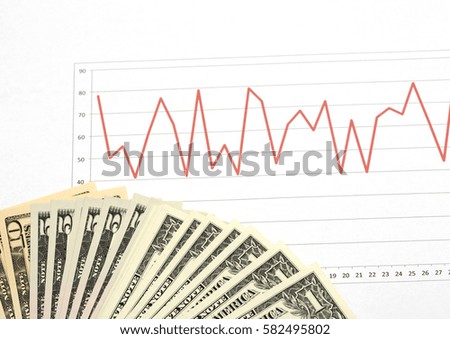 Stock market going up and down. Pile of dollars on the paper sheet. Red line as analytics chart. Business concept image.