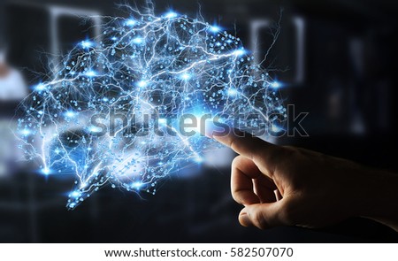 Businessman touching digital human brain with cell and neurons activity 3D rendering Royalty-Free Stock Photo #582507070