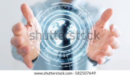 Businessman on blurred background using web interface to surf on internet 3D rendering Royalty-Free Stock Photo #582507649