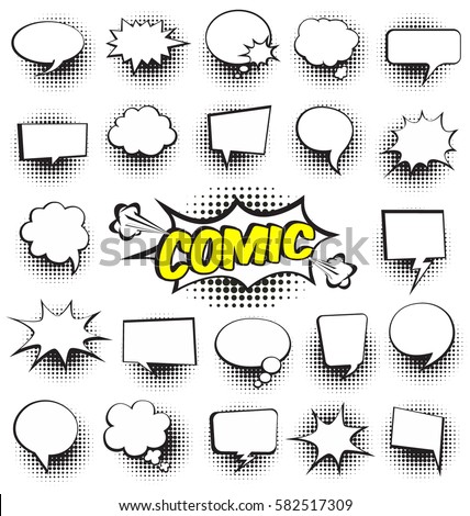 Big Set of Cartoon,Comic Speech Bubbles, Empty Dialog Clouds with Halftone Dot Background in Pop Art Style. Vector Illustration for Comics Book , Social Media Banners, Promotional Material Royalty-Free Stock Photo #582517309