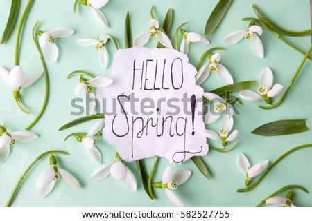Hello spring calligraphy note decorated with snowdrops Royalty-Free Stock Photo #582527755