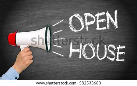 Open House - Megaphone with female hand and text on chalkboard background