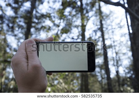 Environment friendly concept. Man's hand holding smartphone with white screen on blurred tree background.