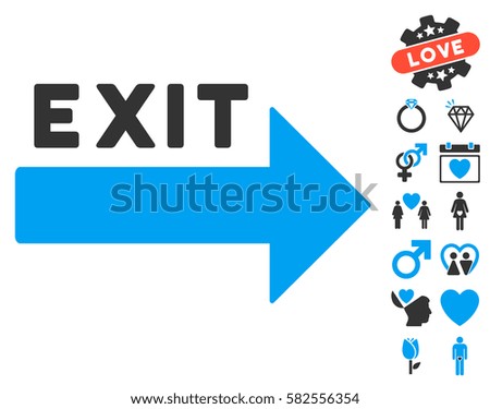 Exit Arrow pictograph with bonus love clip art. Vector illustration style is flat iconic blue and gray symbols on white background.