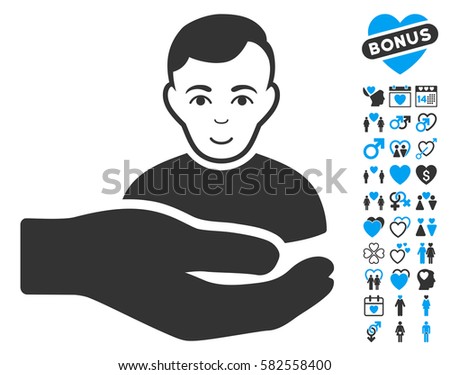 Customer Support Hand pictograph with bonus love pictures. Vector illustration style is flat iconic blue and gray symbols on white background.