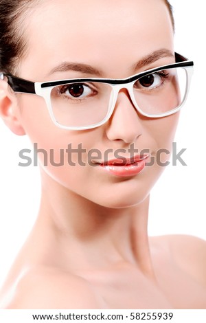 Beautiful young woman wearing fashionable glasses. Isolated over white background.