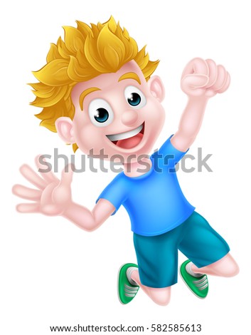 A happy cartoon boy jumping for joy and with a fist in the air.