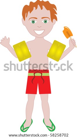 Vector of red hair boy in swimsuit with arm floats and frozen popsicle.