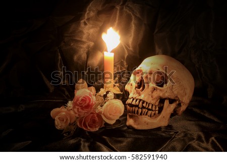 The one Human Skulls and dry flowers in dim valentines night on old wooden table / Still life Image